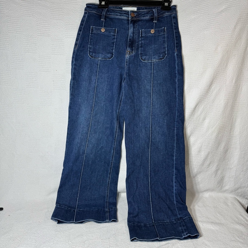 RISEN HIGH RISE WIDE LEG CROP JEANS SIZE 7/28 Dark Wash